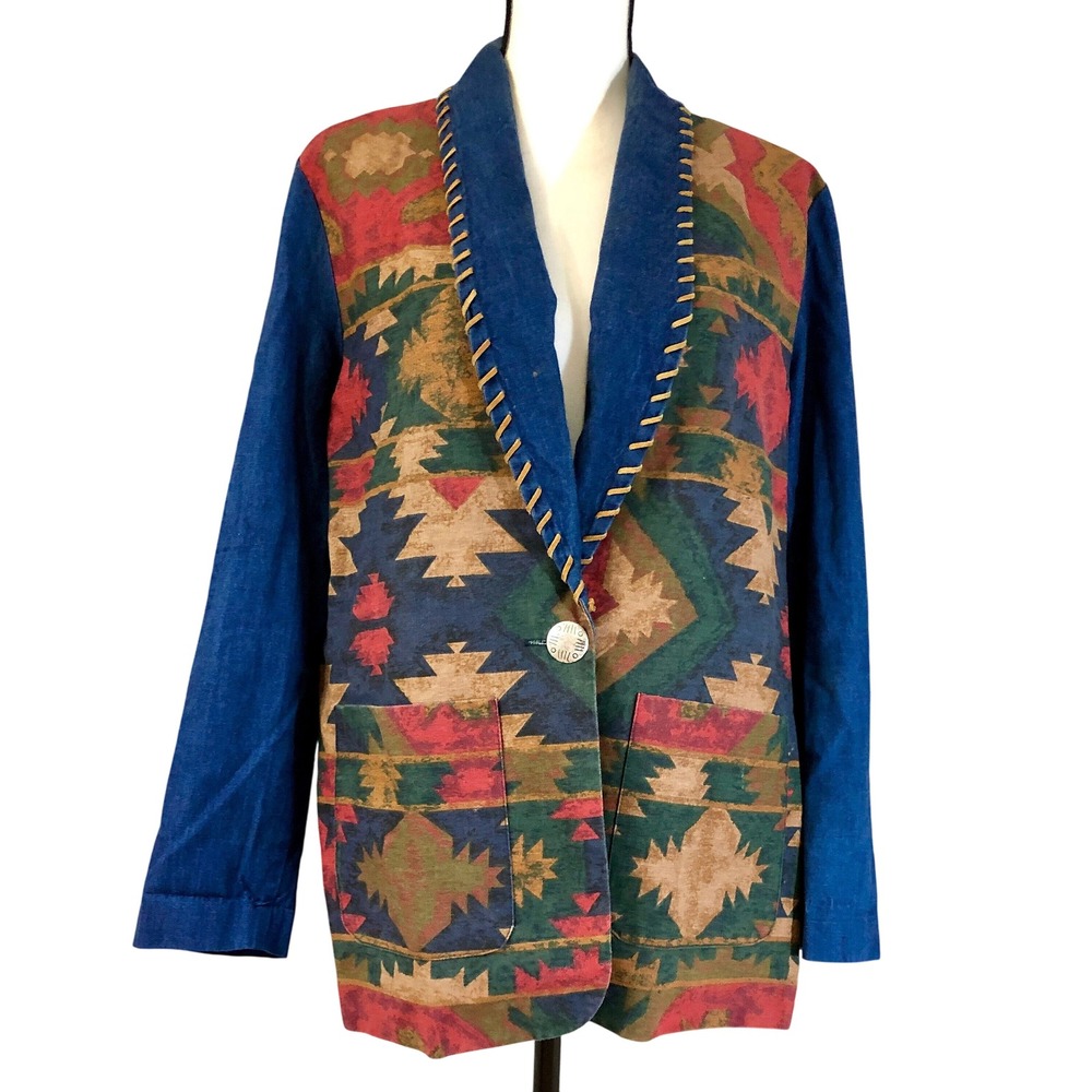 80s Vintage Southwestern Patterned Denim Jean Jacket Leather Features Medium‎ M
